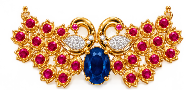 Queen Mor — two-peacock emblem with central sapphire
