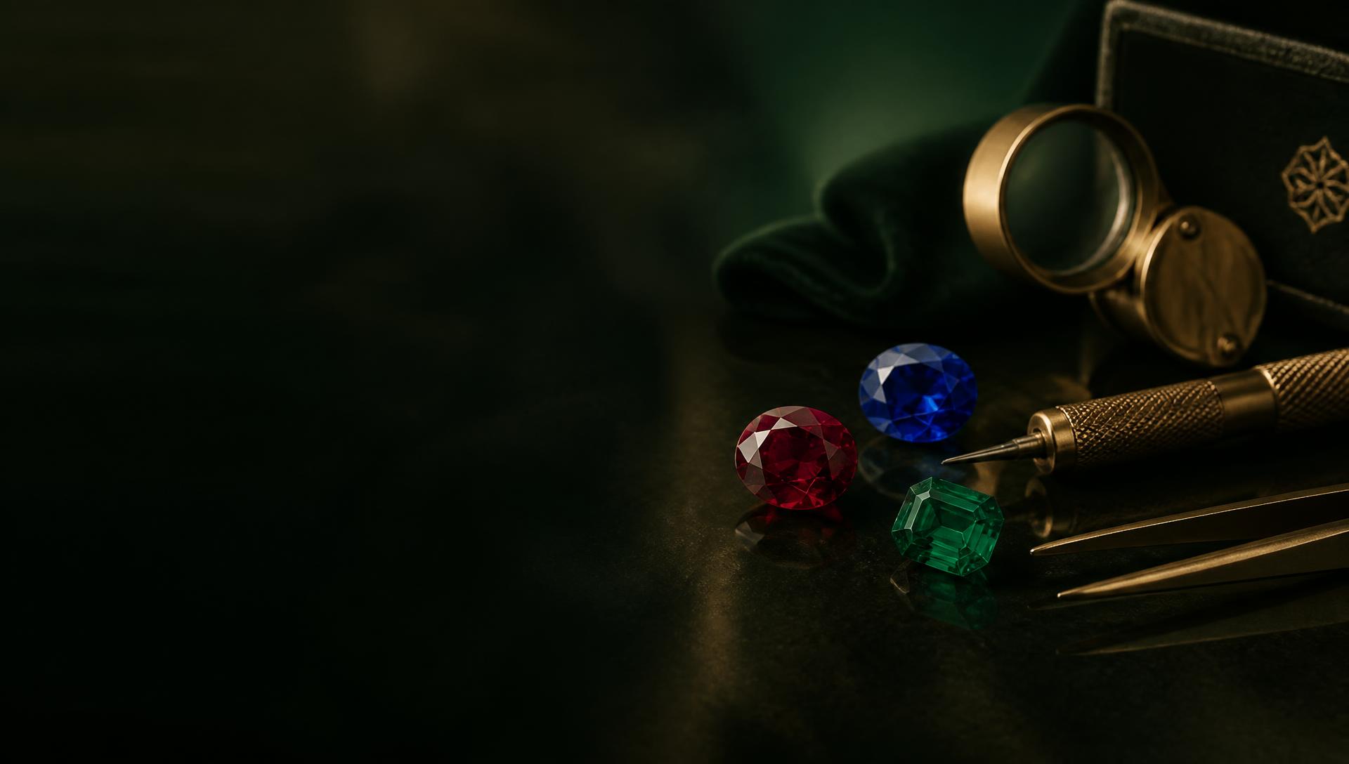 Loose ruby, sapphire and emerald gemstones beside a goldsmith's tools